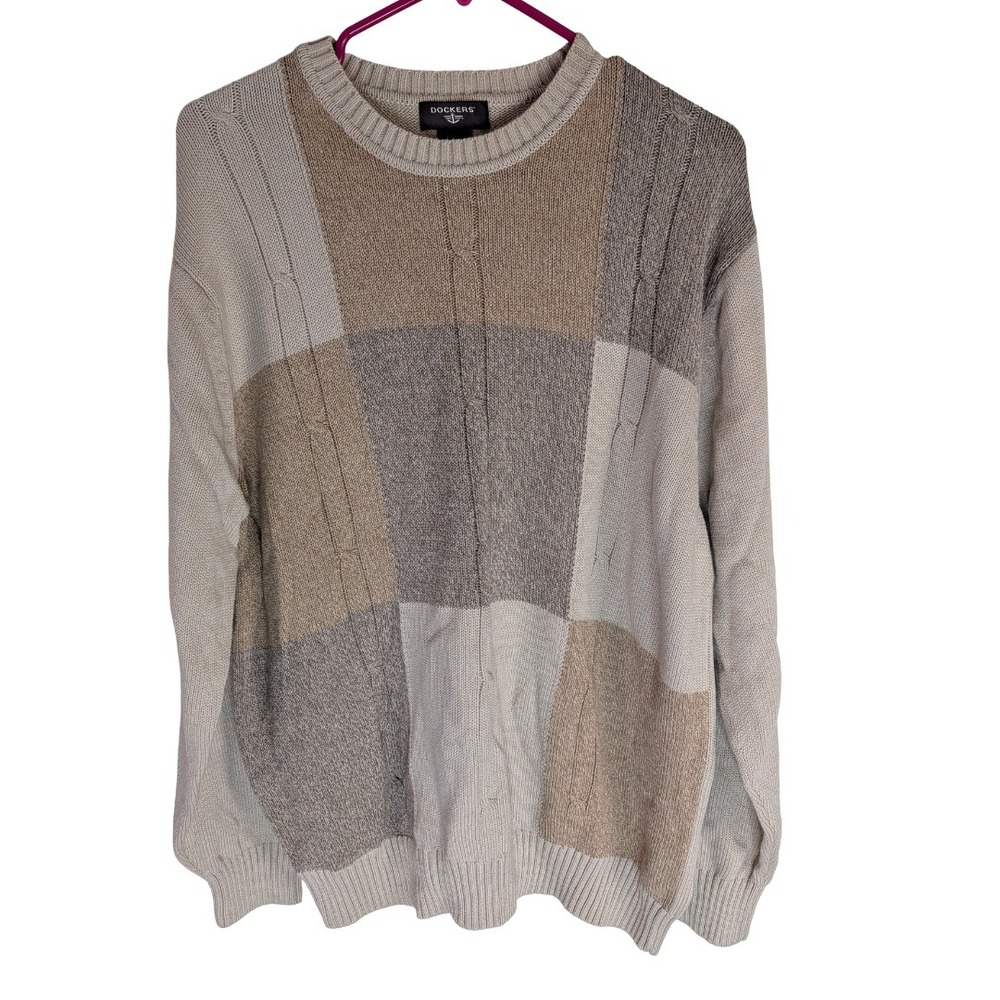 Dockers Sweater Mens XL Beige Colorblock Cable Knit Cotton Crew Neck Pullover